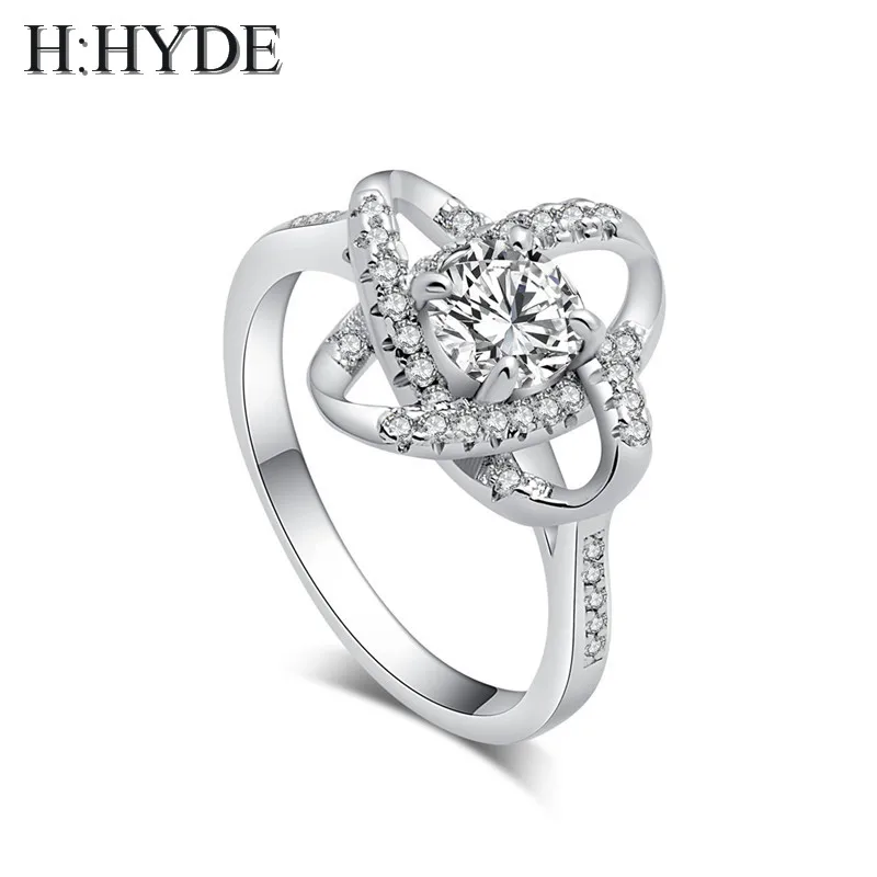 

H:HYDE Top Purple & White AAA Zircon Crystal Vintage Silver Color Flower Wedding Ring For Women Finger Luxury Bijoux anillos