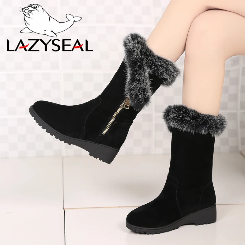 

LazySeal Big Size Winter Natural Real Big Rabbit Fur Cow Suede Zip Hair Snow Boots Women Plus Short Lady Boots Female Fur Boot