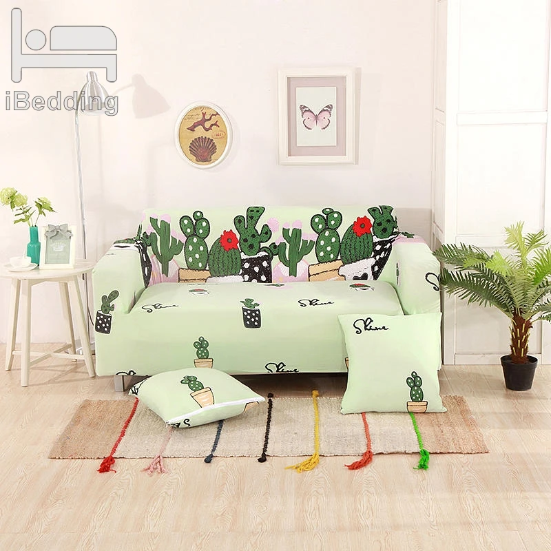 Green Cactus Cute Stretch Sofa Protector Cover for Living Room Sofa Slipcovers Sectional L Shape Sofacover 1/2/3/4 Seater