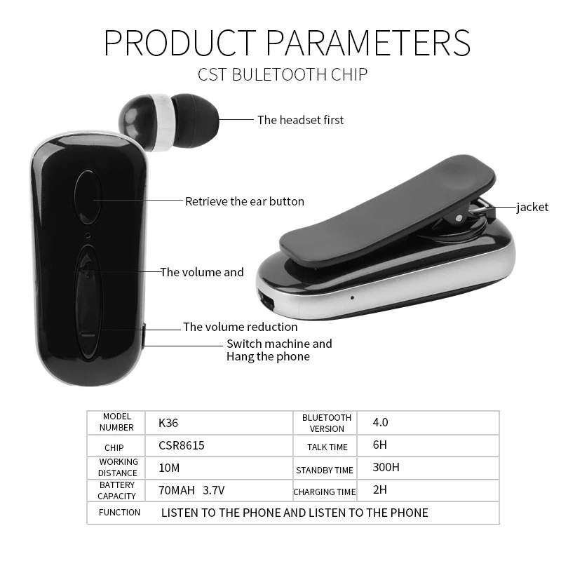 Новинка, DAONO K36, стерео, беспроводная, Bluetooth гарнитура, звонки, напоминание, вибрация, износ, зажим, драйвер, Auriculares, наушники для телефона