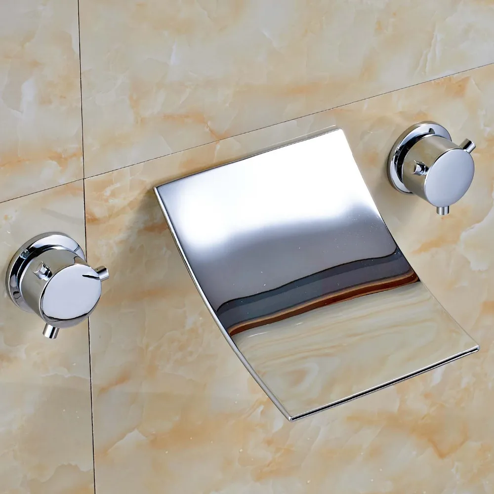 

Contemporary Widespread Waterfall Spout Chrome Polish Sink Faucet Mixer Tap Faucet Dual Handles
