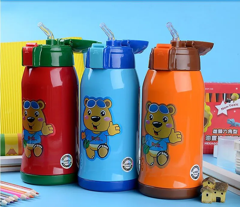 Cartoon Child Straw Thermos Portable Vacuum Flask Stainless Steel Thermo Baby Insulation Cup