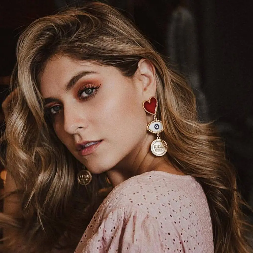  New Fashion Red Heart Evil Eye Coin Dangle Earrings For Women Lady's Chic Vintage Exaggerate Statement Earring Gold | Украшения и