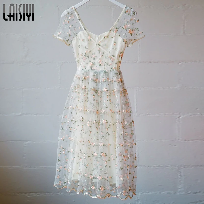 

LAISIYI White Dresses for Women 2019 Embroidery Short Sleeve Party Elegant Dress Summer Bohemian Mesh Sundress Vestido ASDR21064
