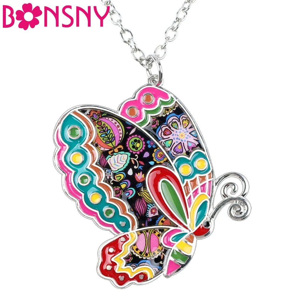 Bonsny Enamel Alloy Floral Butterfly Necklace Pendant Chain Collar Novelty Insect Jewelry For Women Girls Gift Party Accessories | Украшения