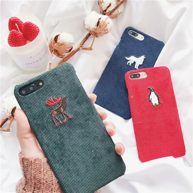 

BINYEAE Winter Fabric Cloth Phone Cases For iPhone 6 6S 7 8 Plus Case Cute Elk Penguin Wolf Soft Cover For iPhone X Case 3D Capa