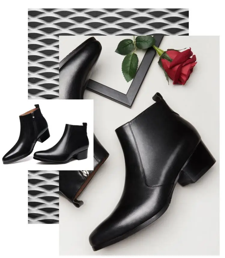 Autumn winter mens pointed toe genuine leather ankle boots men high heels quality wedding dress shoes career work boots botas 44