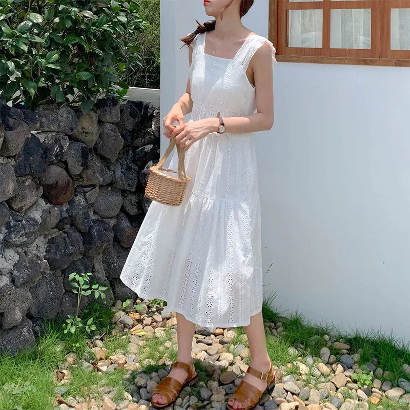 

summer long dress 2019 korean preppy style solid color hollow out sleeveless tank dresses womens (X547)