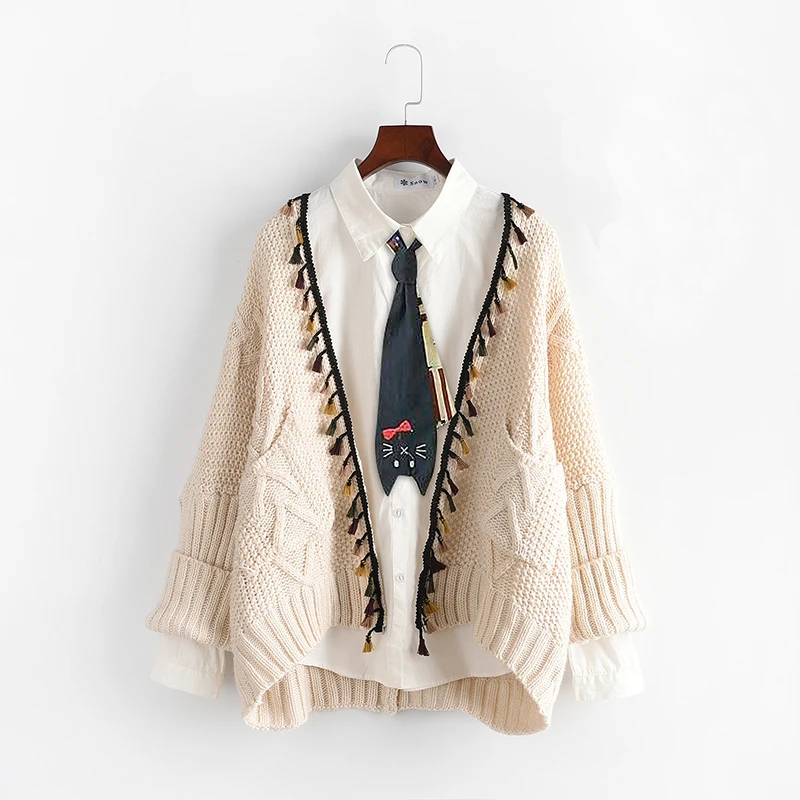 

2018 Autumn Winter Mori Girl Style Women Cardigan Solid Color Tassel Sweater Knitted Cotton Short Jacket Fashion Girl's Coat
