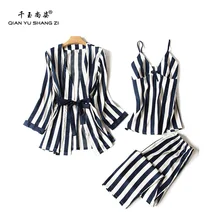 Комплект из 3 предметов, новые модные атласные полосатые пижамы, комплект с глубоким v-образным вырезом, сексуальные комплекты домашней одежды, одежда для сна с длинными рукавами