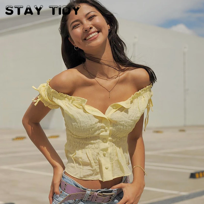 

STAY TIDY Lace Up Drawstring Short Sleeve Elastic Waist Button T shirts Summer 2019 Casual Women Yellow Ruffles Tops Tees