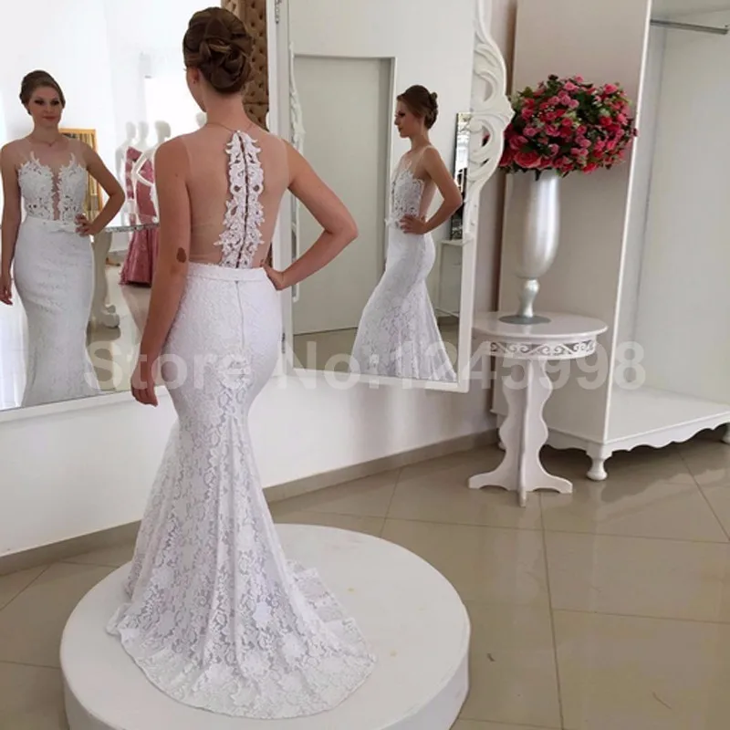 2017 nuevo blanco de encaje apliques de cuentas sirena vestido de