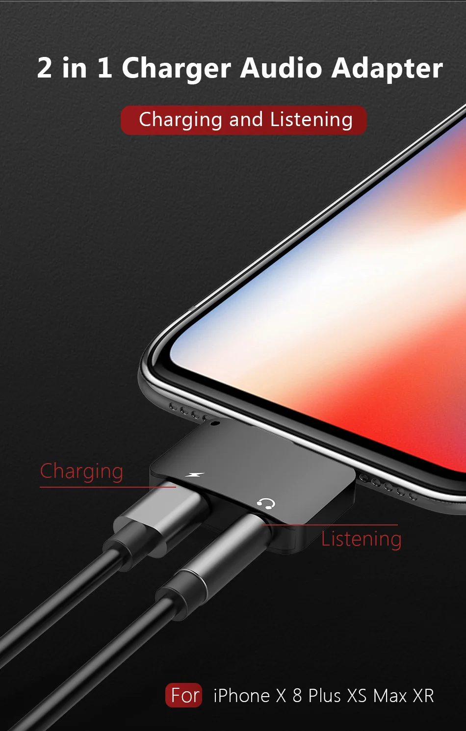 !ACCEZZ Mini 2 IN 1 Lighting Audio Charging Converter For iphone X 8 7 Plus XS MAX XR 3.5mm Headphone Jack Adapter AUX Splitter (4)