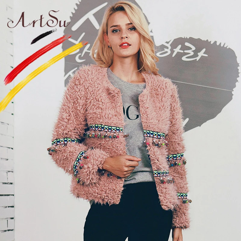 Artsu Gland À Bouclés Fourrure Taille Rose Plus Apricot Femmes Veste Dames De Abricot Hiver D'agneau Manches Faux rose Coloré Longues Manteau Outwear Ethnique 4w4qrnZa