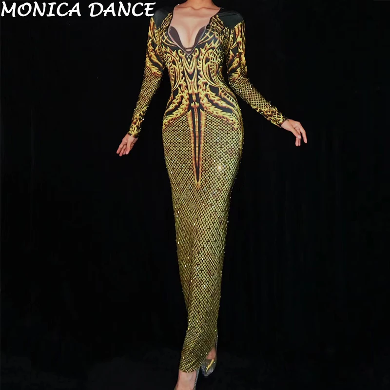 

Gold Printed Rhinestones Dress Dance Costume Nightclub Costume Female Singer Sexy Stage Dress Women's Birthday Celebrate Outfit