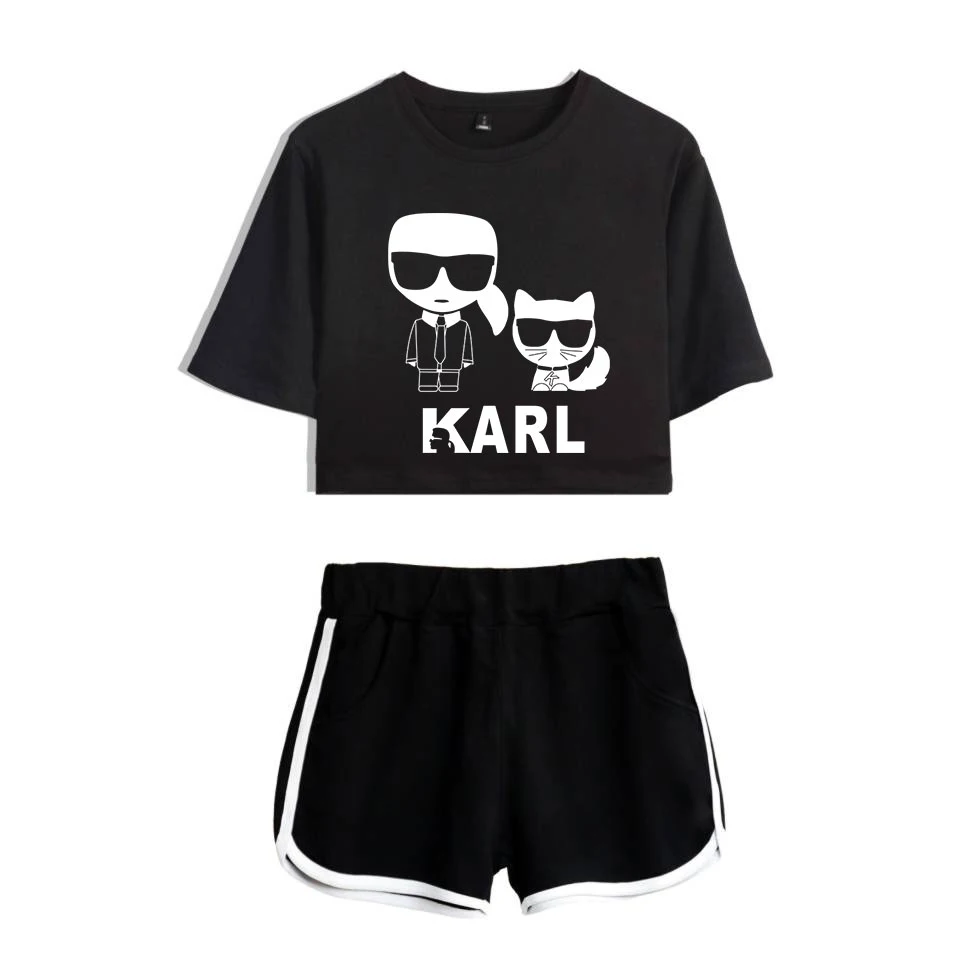 

LUCKYFRIDAY 2019 Two-Piece Summer Cotton Karl Lagerfeld Print T-Shirt Women's Suit Shorts Crop Karl Fashion Top + Shorts XS-2XL