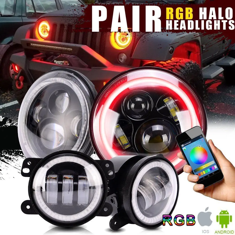 

7Inch Round LED Color RGB Changing Headlight+4inch Fog lamps RGB Light For Jeep Wrangler Bluetooth Phone APP Control Headlights