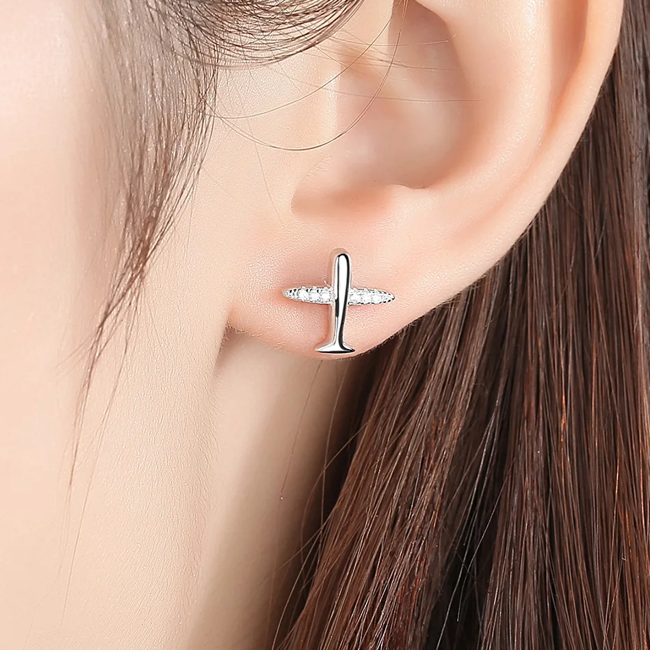 ELESHE 2018 Fashion 925 Silver Aircraft Airplane Women Stud Earring with AAA Crystal Zircon Earrings Sterling Silver Jewelry