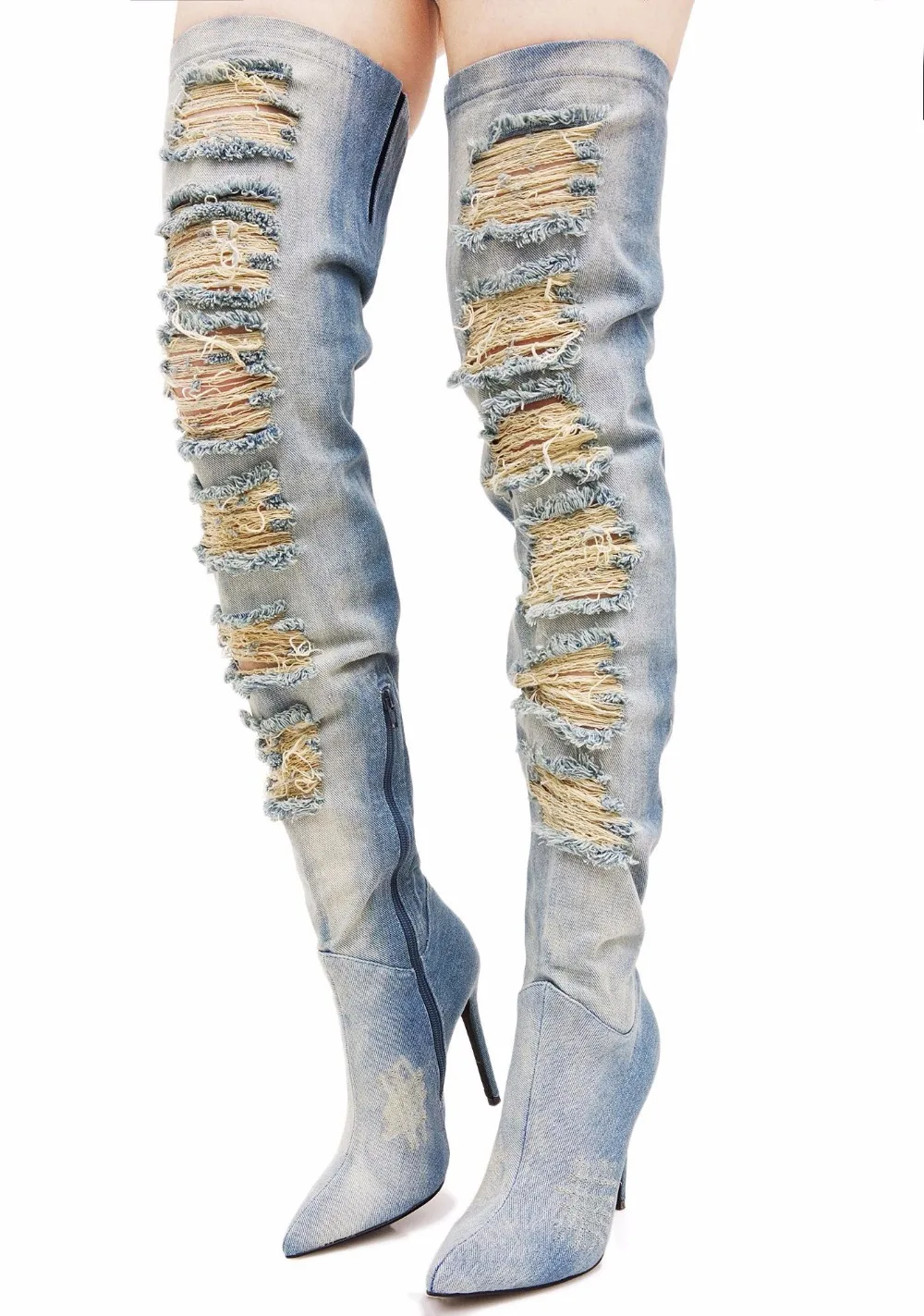 knee high boots with ripped jeans
