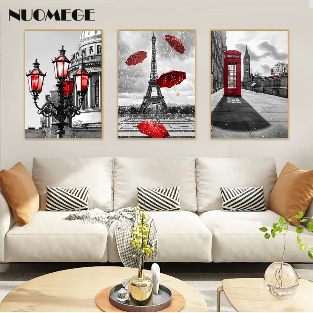 Black and White Tower Red Umbrella Canvas Painting Paris Street Wall Art Poster Prints Decorative Picture for Living Home