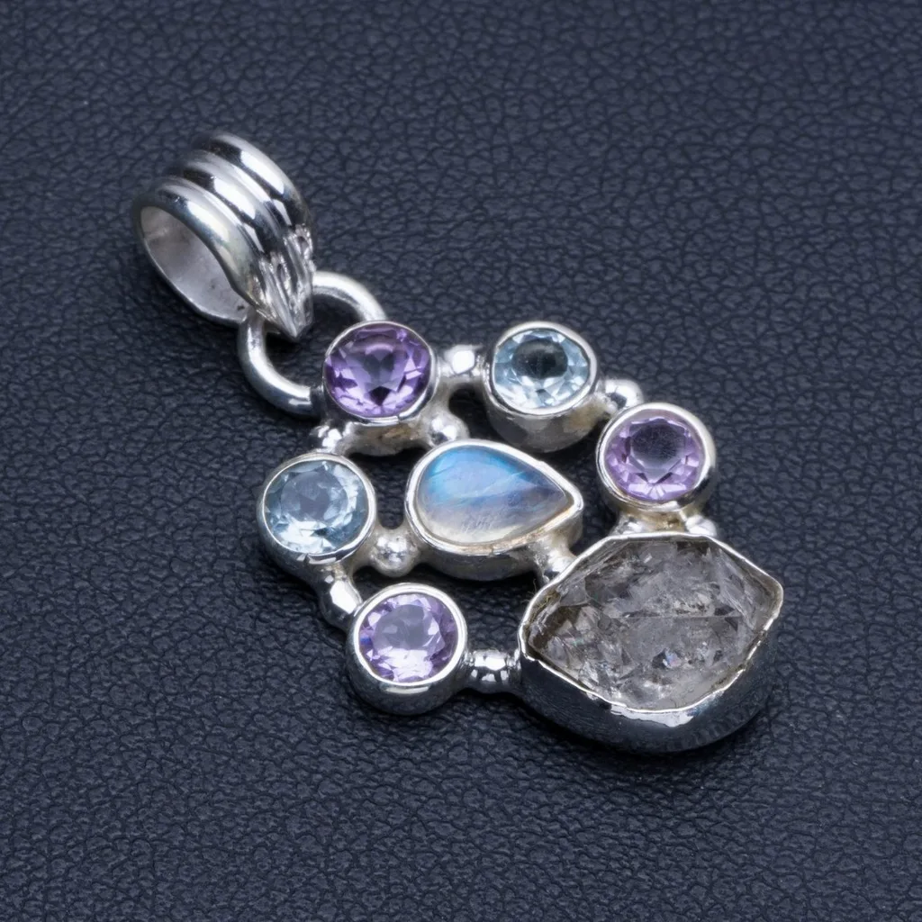 

Natural White topaz,Blue Topaz,Amethyst and Moonstone 925 Sterling Silver Pendant 1 1/4" R0392