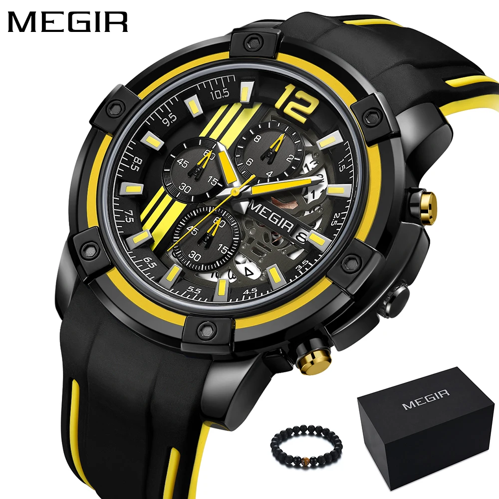 

MEGIR Brand New Fashion Sport Watch Men Quartz Black Silicone Band Waterproof Military Wristwatch Mens Clock relogios masculino