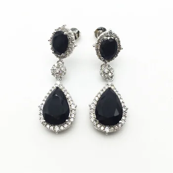 

Aisure Fashion Silver Color Black Cubic Zirconia Stone Round And Big Water Drop Dangle Long Earrings For Women