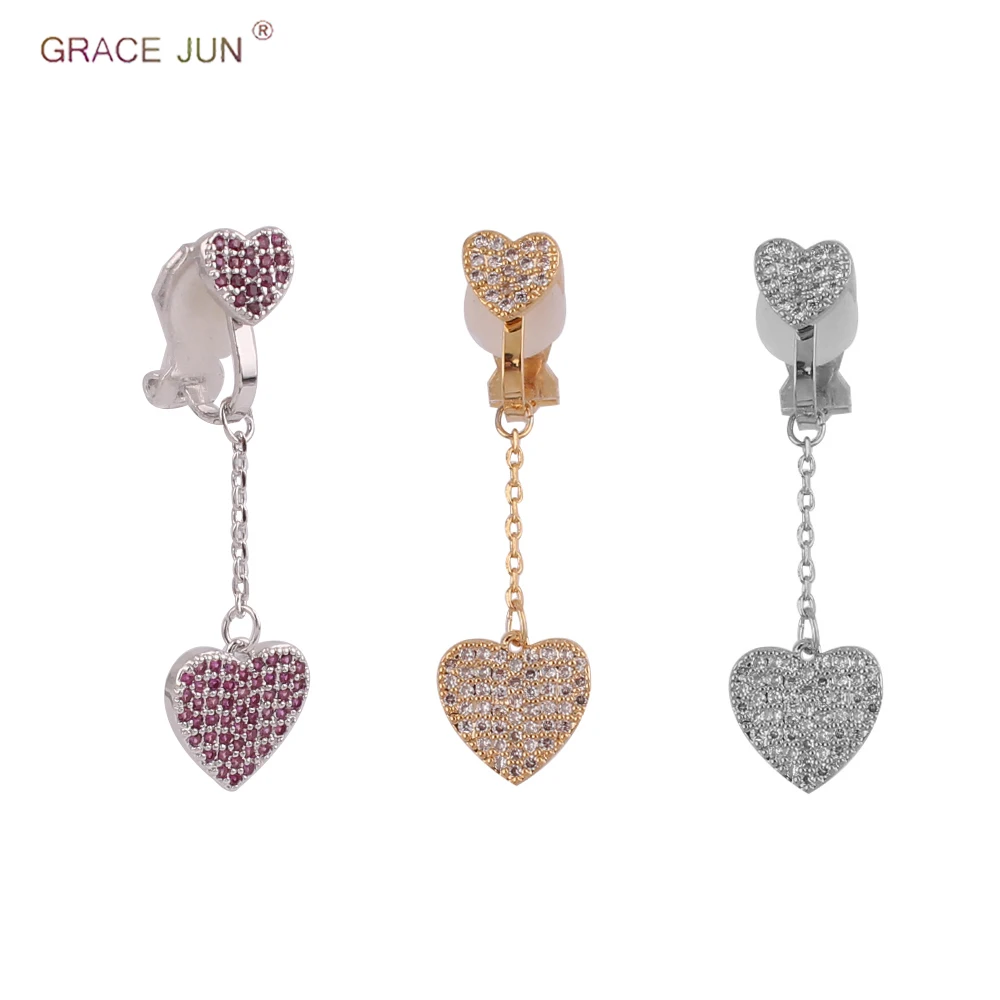 

GRACE JUN New Fashion AAA Cubic Zirconia Double Heart Clip on Earrings Without Piercing for Women Party Charm No Hole Ear Clip