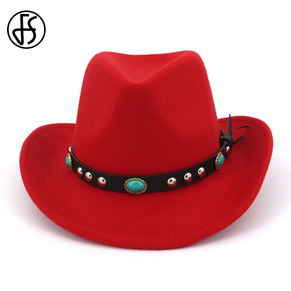 

FS Spring Winter Red Ethnic Belt Felt Hats Wide Brim Fedora For Men Women Elegant Vintage Top Hat Western Cowboy Sombrerero