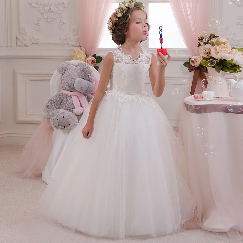 

Elegant White Flower Girl Dress Kids Ball Gowns First Communion Dresses Pageant Girls Glitz Scoop Sleeveless Tulle Party Dress
