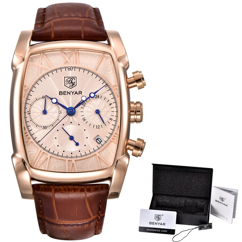 BENYAR спортивные мужские часы с хронографом, роскошные брендовые золотые прямоугольные часы, мужские часы с кожаным ремешком, водонепроницаемые кварцевые наручные часы для мужчин - Цвет: rose gold F