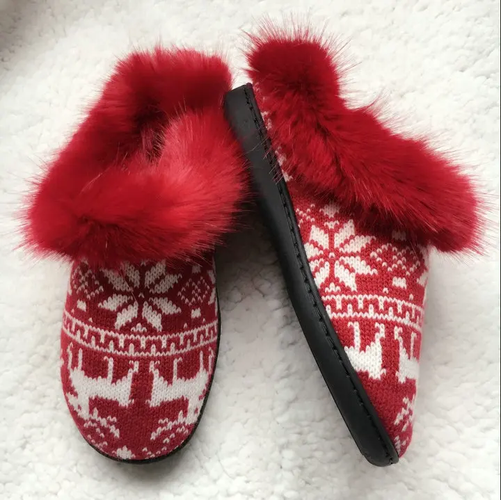Women's Soft Yarn Cable Knitted Faux Fur Collar Slip On Slippers Memory Foam Anti-Skid Sole House Slipper Shoes (4)