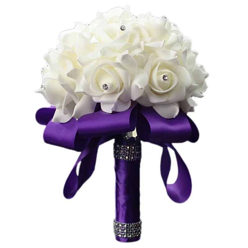 Красивый романтический свадебный цветок розы кристалл букет невесты подружки невесты цветок-девушка палочка лучшие свадебные цветочные капли потягивания - Цвет: Purple
