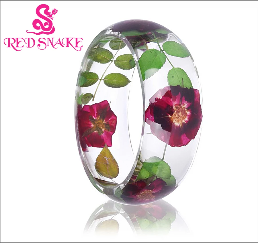 

Браслет женский из прозрачной смолы в виде Красной змеи с цветами и зелеными листьями