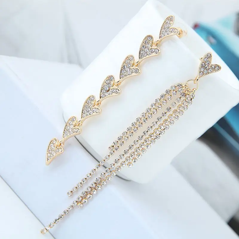 

European Fashion Metal Jewelry Crystal Heart Tassel Long Asymmetric Earrings For Party