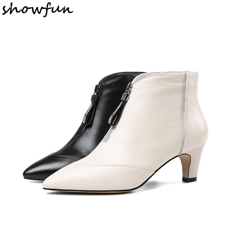

Women's genuine leather ankle boots front zip kitten short booties autumn winter warm plush boots high quality shoes for women