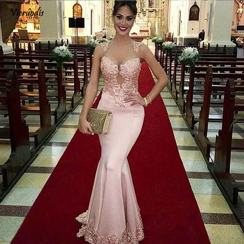 

Vestido De Festa Longo 2018 Lace Mermaid Long Pink Satin Prom Sexy Sheer O neck Appliques Party Gown bridesmaid dresses