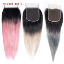 

MOGUL HAIR 4*4 Lace Closure T 1B Grey Pink Ombre Remy Human Hair Brazilian Straight Hair Free Middle Part Closure 10 12 14 inch