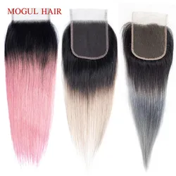 MOGUL HAIR 4*4 Lace Closure T 1B Grey Pink Ombre Remy Human Hair Brazilian Straight Hair Free Middle Part Closure 10 12 14 inch