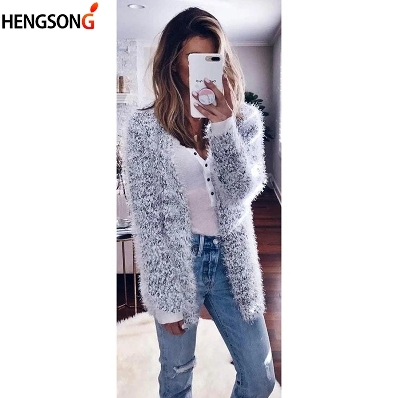 

Women's Knitted Sweaters Fluffy Shaggy Faux Fur Cardigan Solid Color Slim Long Winter Autumn Warm Outwears Sweaters