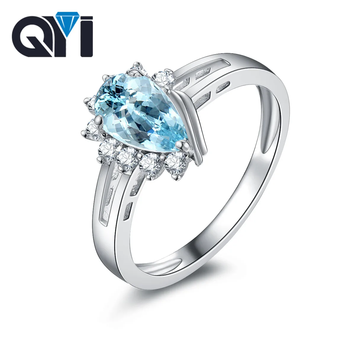 

QYI Topaz Engagement Rings 1.5 Ct Pear Cut Natural Sky Blue Topaz Luxury 925 Sterling Silver Gemstone Rings For Women