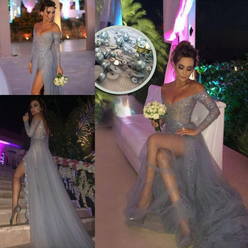 

Silver 2019 Prom Dresses A-line V-neck Tulle Lace Pearls Slit Sexy Party Maxys Long Prom Gown Evening Dresses Robe De Soiree
