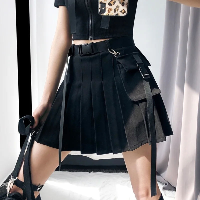 Cargo Pocket Ribbon Strap Sexy High Waist Pleated Solid Black Plaid ...