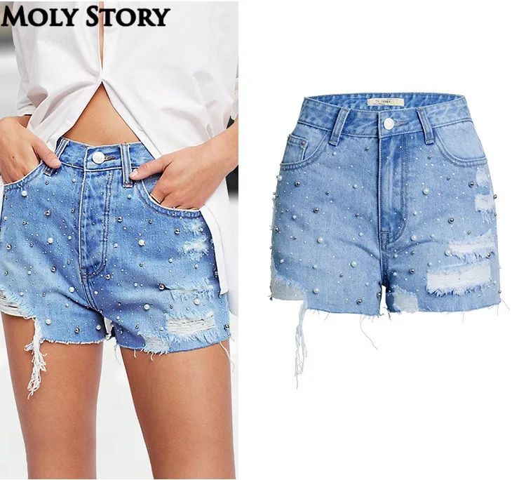 

New Beaded Pearl Shorts Women High Waist distressed Jean Shorts Ripped Plus Size Booty Shorts