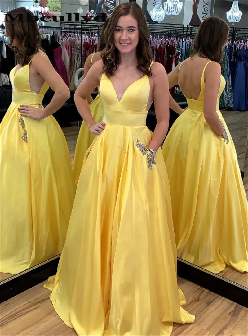 

Mbcully Chic Satin A-line Prom Dress 2019 With Shining Beading Crystal Yellow Evening Gala Gowns Plus Size Vestidos de fiesta