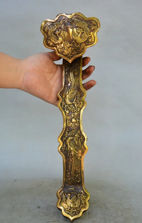 

14" Old China Bronze Gilt Bird Fenghuang Fung-hwang Phoenix Pattern Ru yi Statue