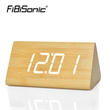 FiBiSonic LED Wooden Table &Desk Alarm Clock,Temperature Voice Activated Digital electrinic Big number triangle wood Clocks