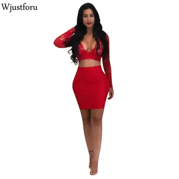 

Wjustforu Sexy Lace Two Piece Set Women Long Sleeve Tops + Bodycon Skirts Female New Summer Beach Casual 2 Piece Set Vestidos