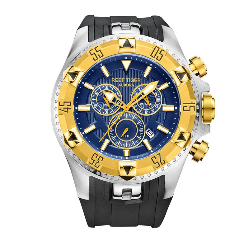 Reef Tiger/RT мужские спортивные часы, кварцевые часы с хронографом и датой, большой циферблат, черная сталь, Супер Светящиеся секундомеры RGA303 - Цвет: RGA303GLB