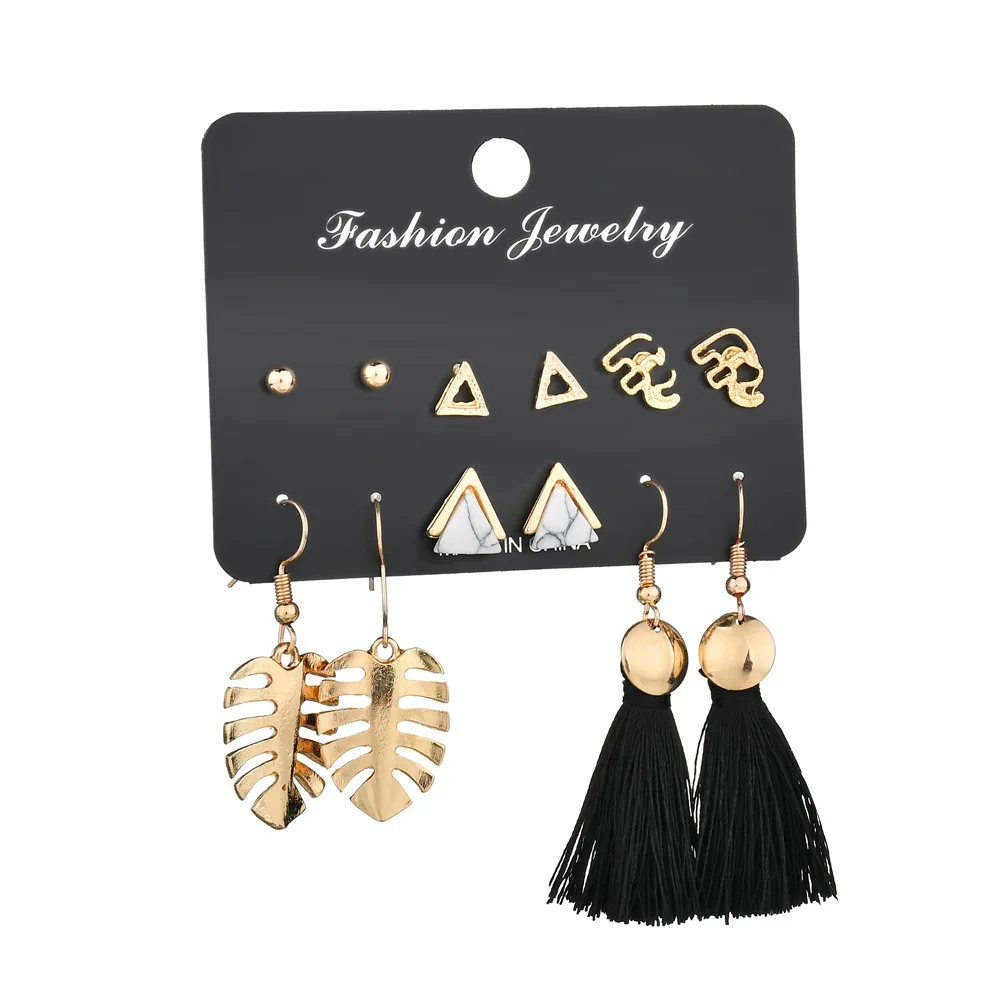

6Pair/Set Stylish Triangular Long Tassel Stud Earrings For Women Bohemian Hanging Earrings Set Irregular Jewelry Bijoux Gift